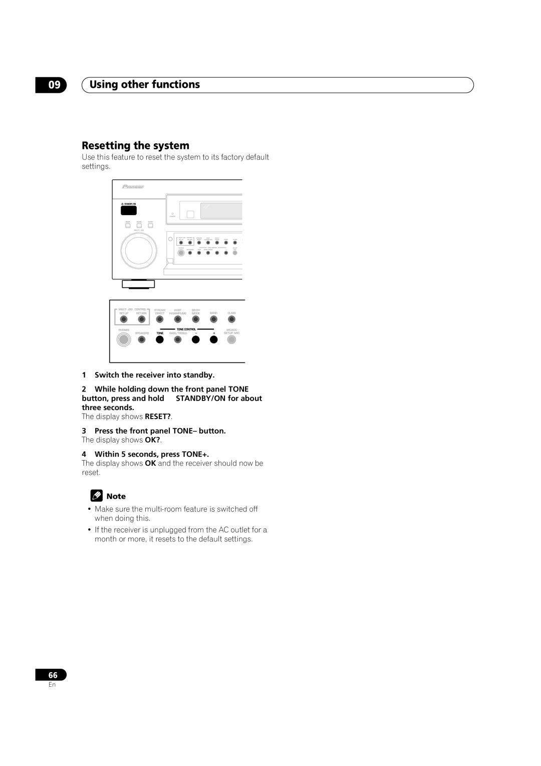 Pioneer VSX-9300TX manual Using other functions Resetting the system 