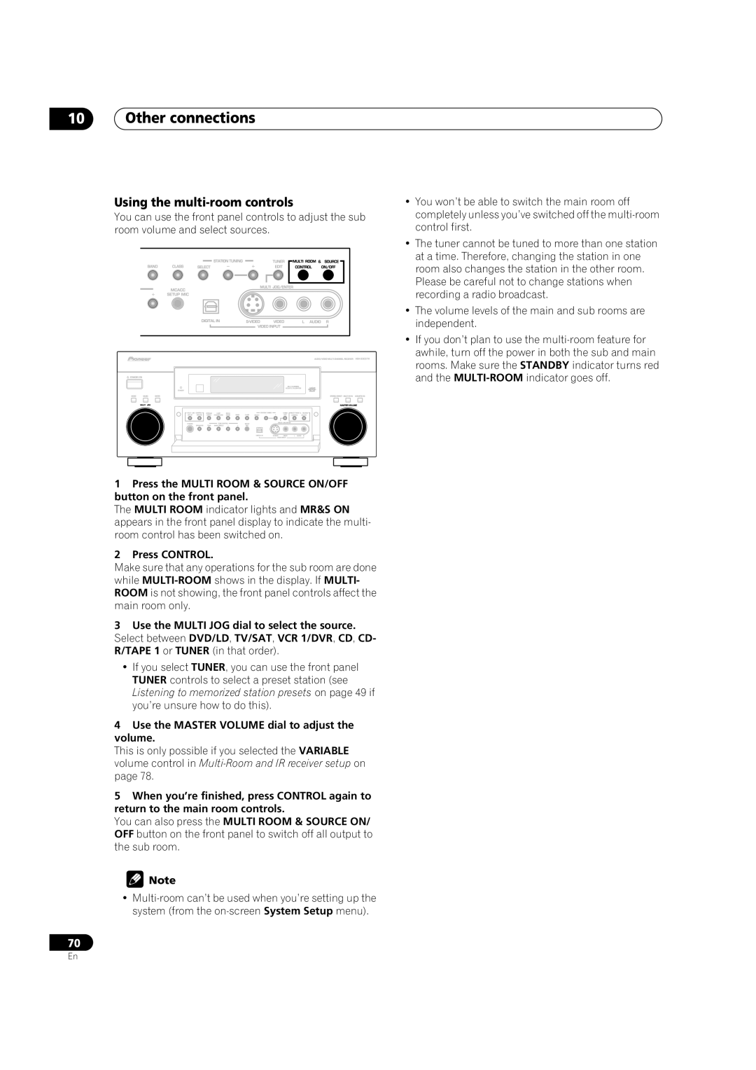 Pioneer VSX-9300TX manual Other connections, Using the multi-room controls, Press Control 