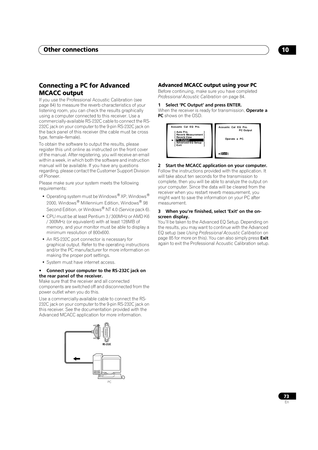 Pioneer VSX-9300TX manual Other connections Connecting a PC for Advanced Mcacc output, Advanced Mcacc output using your PC 