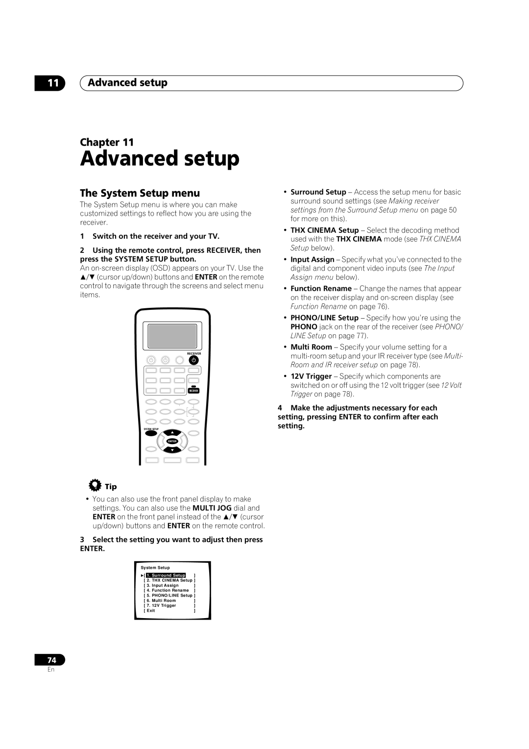 Pioneer VSX-9300TX manual Advanced setup Chapter, System Setup menu, Select the setting you want to adjust then press 