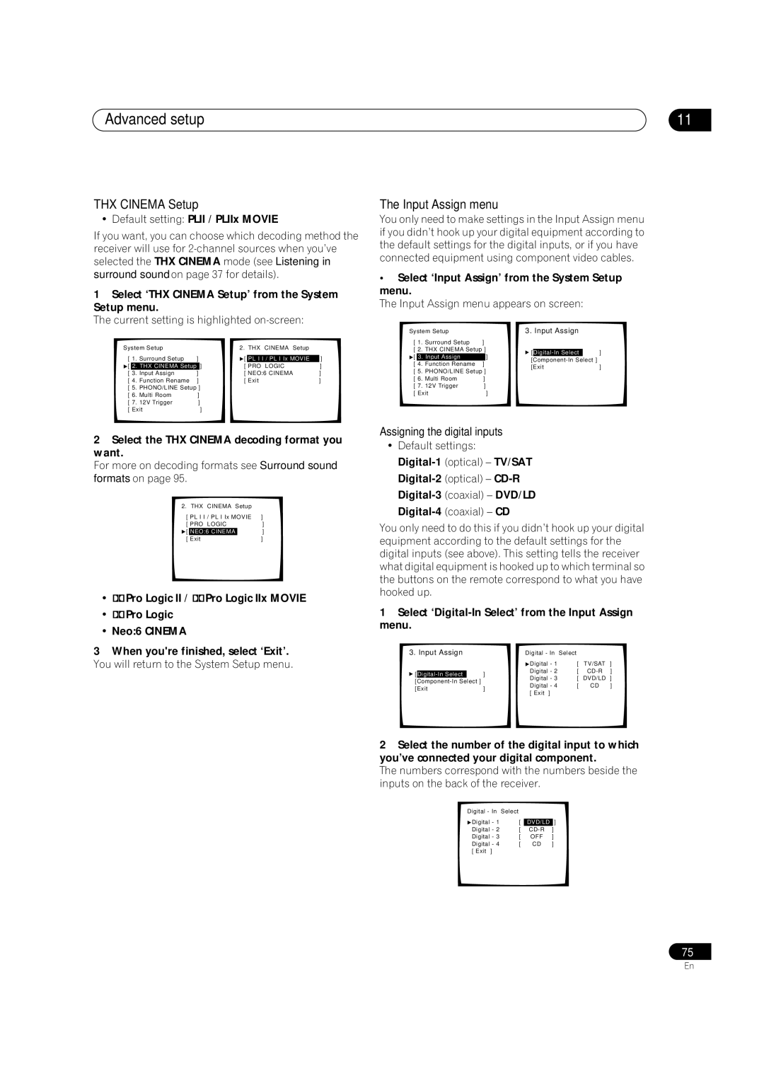 Pioneer VSX-9300TX manual Advanced setup, THX Cinema Setup, Input Assign menu, Assigning the digital inputs 