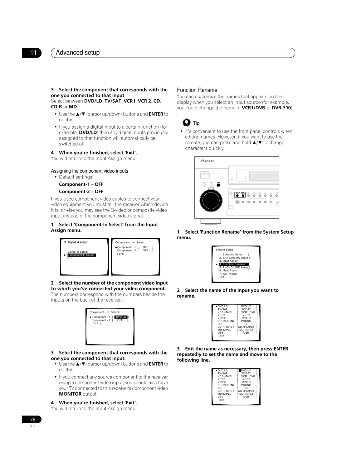 Pioneer VSX-9300TX manual Function Rename, Assigning the component video inputs 