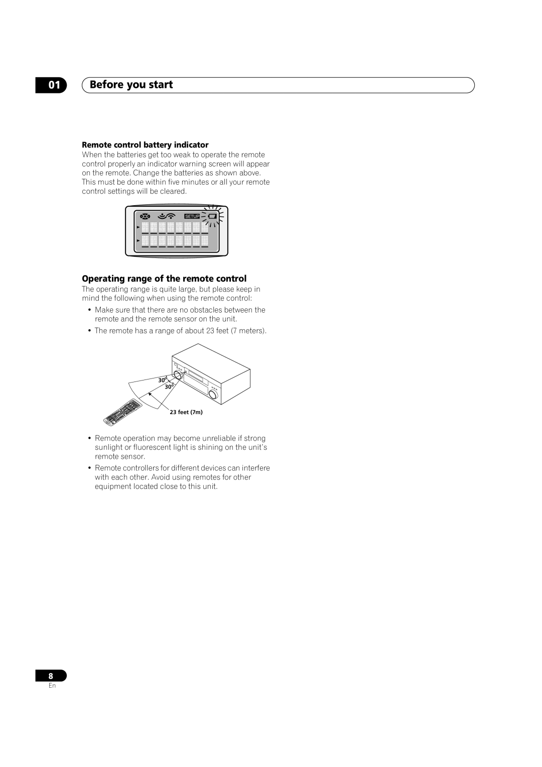 Pioneer VSX-9300TX manual Before you start, Operating range of the remote control, Remote control battery indicator 