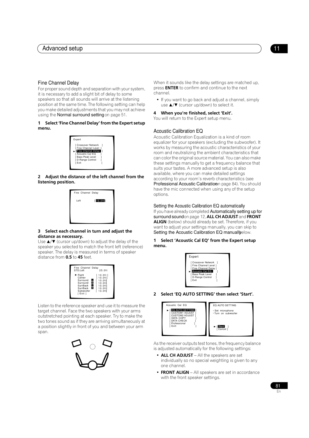 Pioneer VSX-9300TX manual Fine Channel Delay, Setting the Acoustic Calibration EQ automatically 