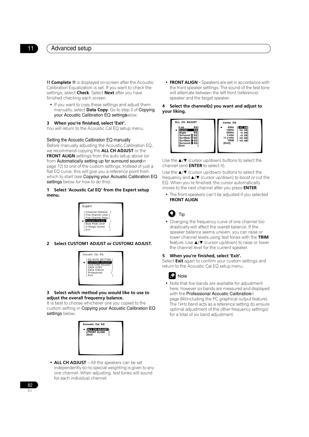 Pioneer VSX-9300TX Setting the Acoustic Calibration EQ manually, Select CUSTOM1 Adjust or CUSTOM2 Adjust, Front Align 