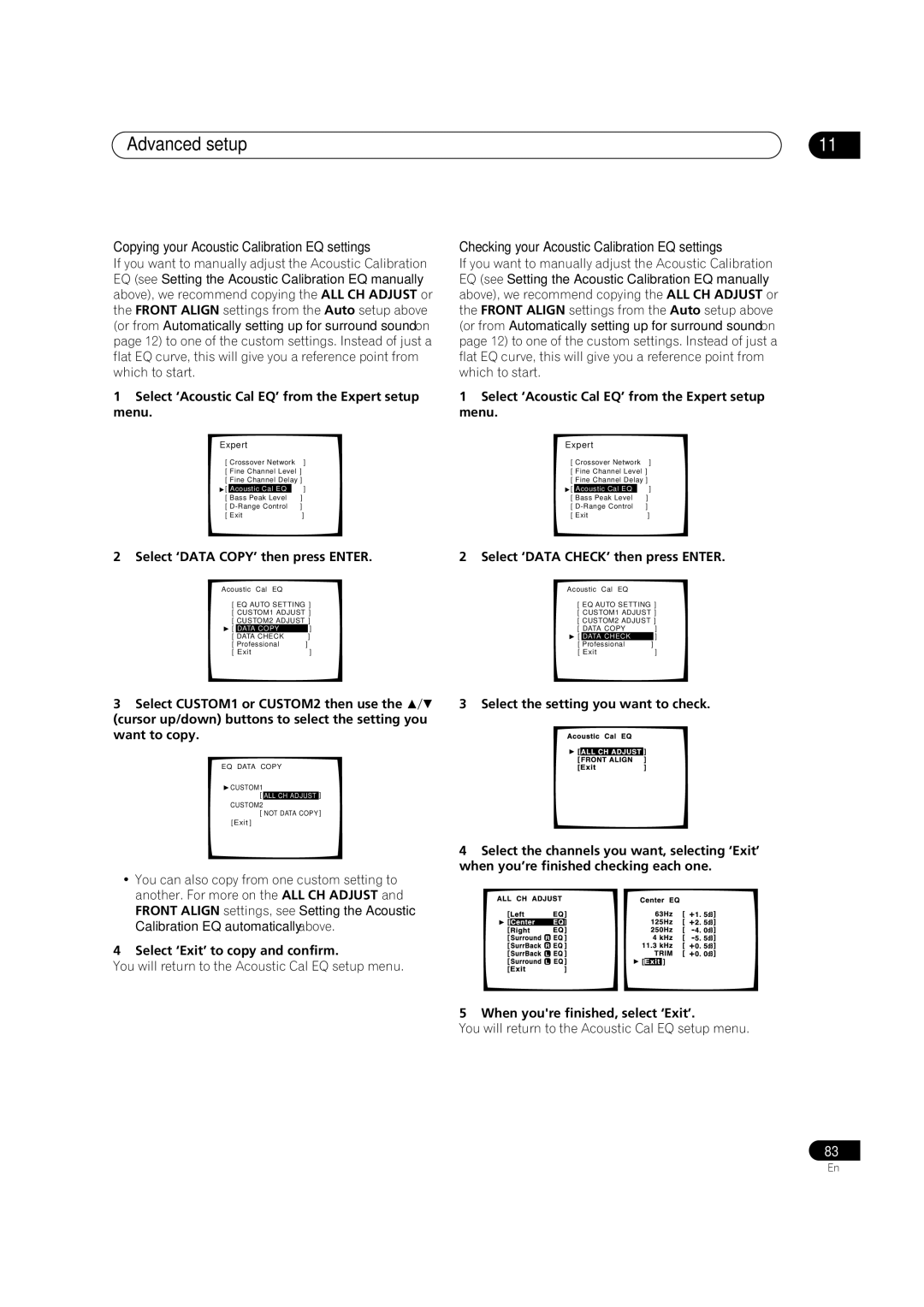 Pioneer VSX-9300TX manual Copying your Acoustic Calibration EQ settings, Checking your Acoustic Calibration EQ settings 