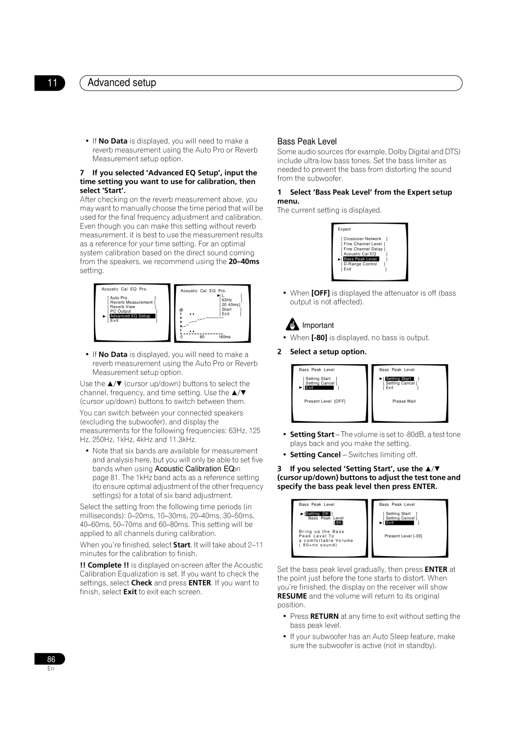 Pioneer VSX-9300TX manual Select ‘Bass Peak Level’ from the Expert setup menu 