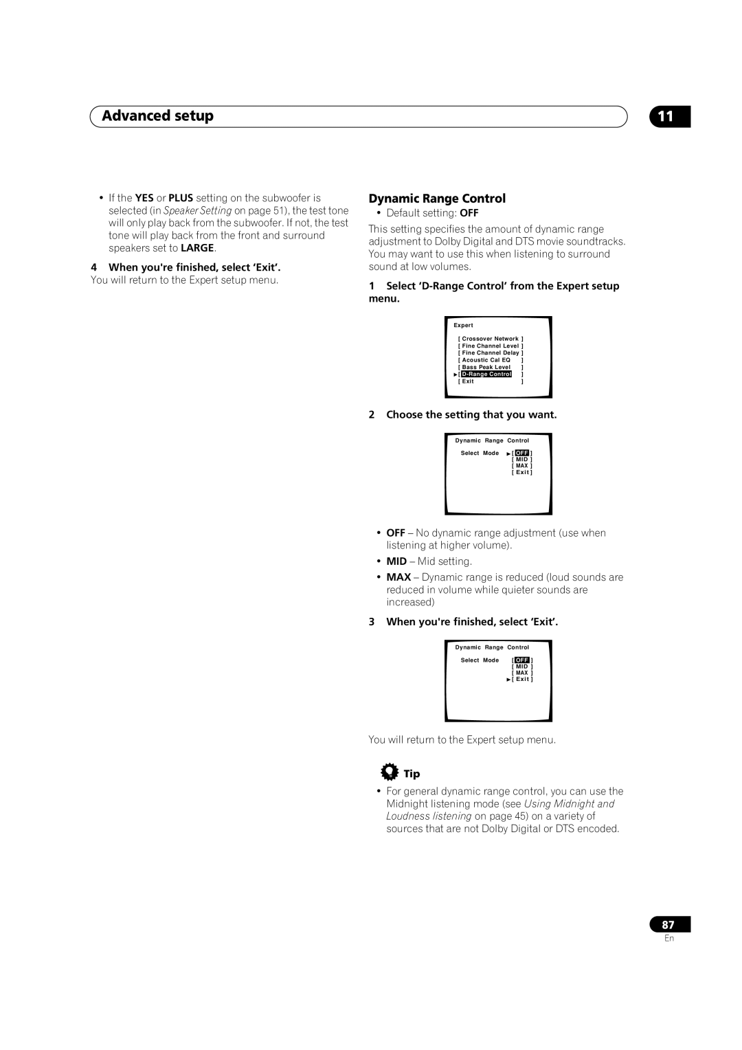 Pioneer VSX-9300TX manual Dynamic Range Control, Select ‘D-Range Control’ from the Expert setup menu 