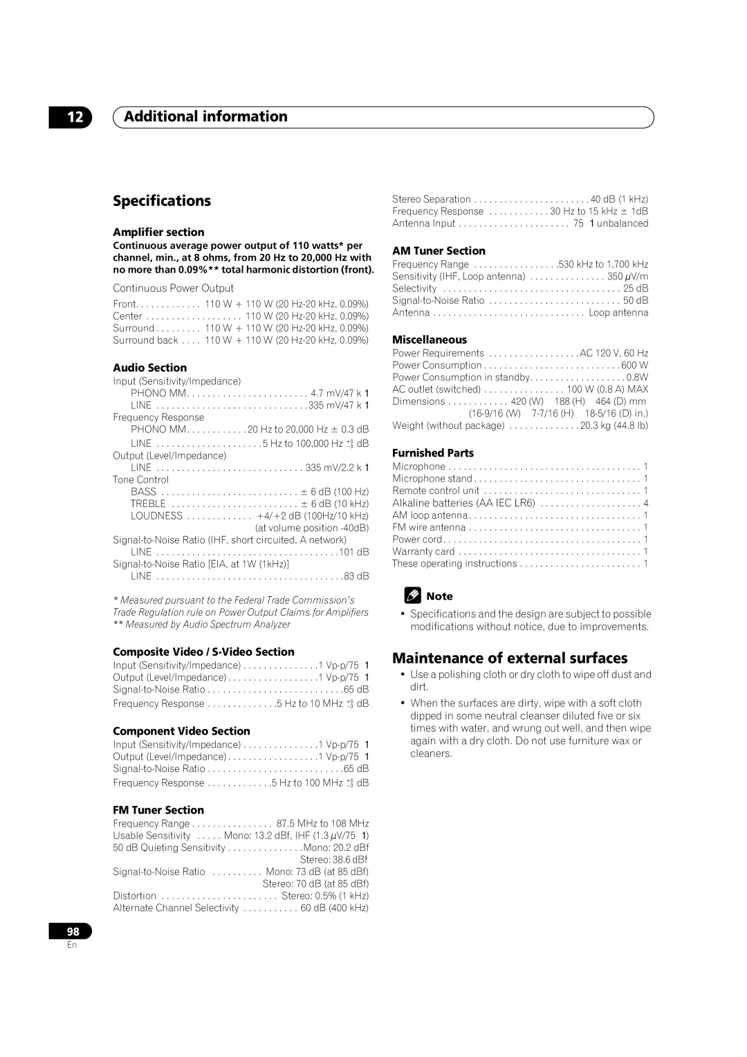 Pioneer VSX-9300TX manual Additional information Specifications, Maintenance of external surfaces 