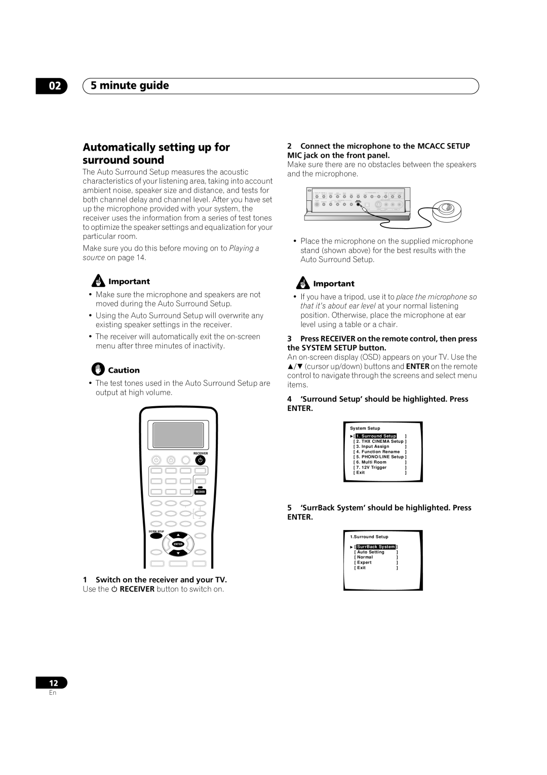 Pioneer VSX-9300TX manual Automatically setting up for surround sound, minute guide, Enter 