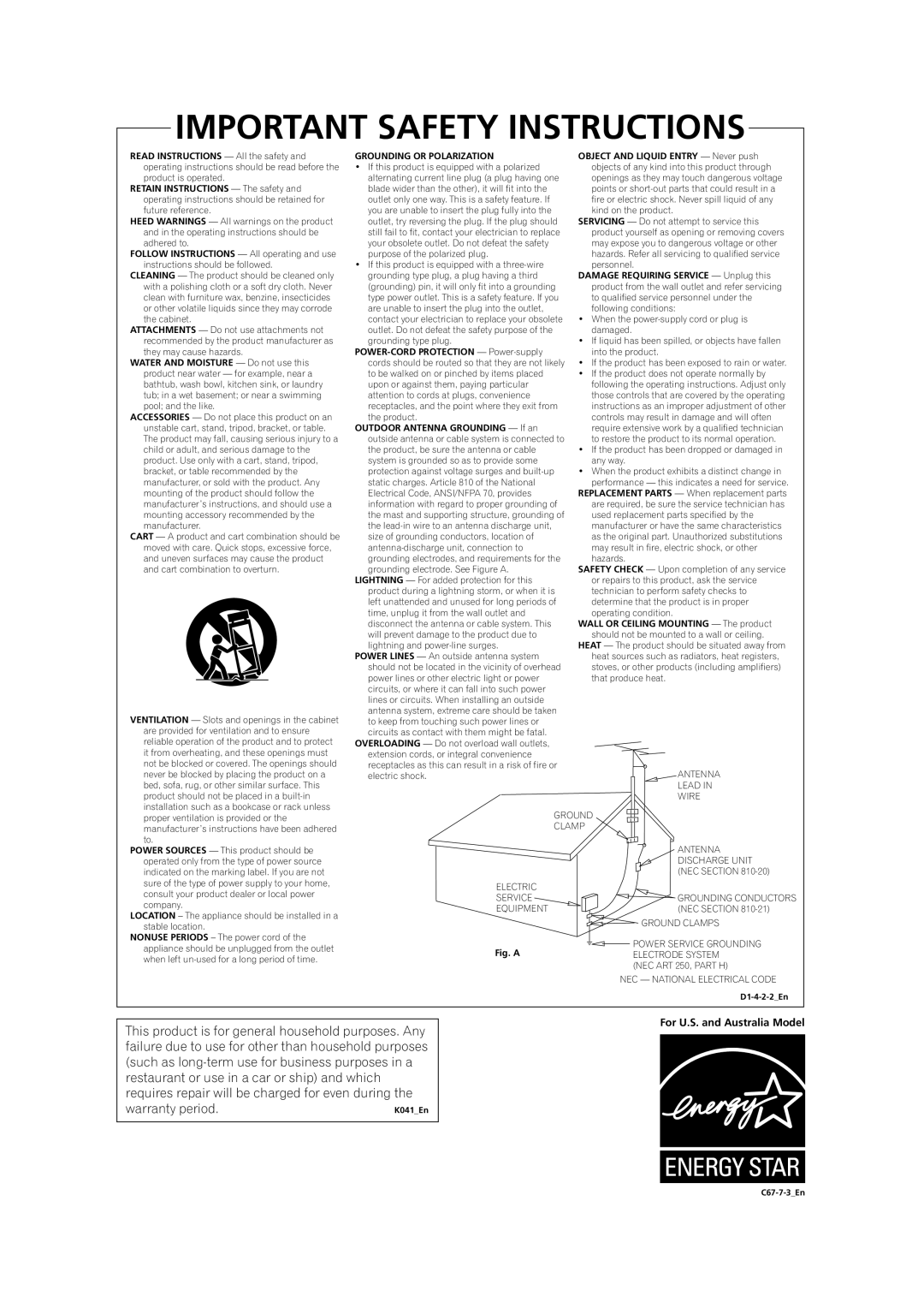 Pioneer VSX-9300TX manual Important Safety Instructions, For U.S. and Australia Model 