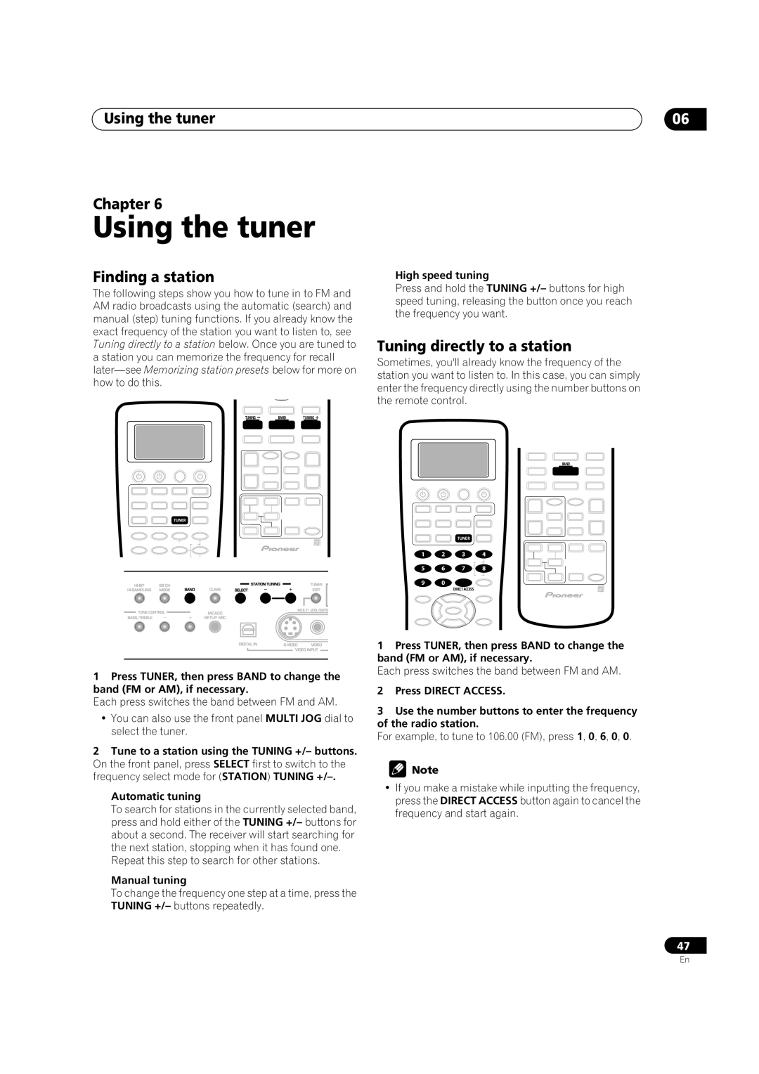 Pioneer VSX-9300TX manual Using the tuner Chapter, Finding a station, Tuning directly to a station 