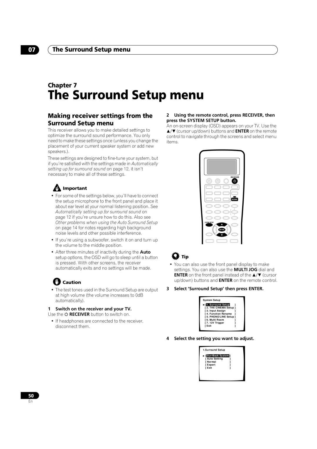 Pioneer VSX-9300TX manual 07The Surround Setup menu Chapter 