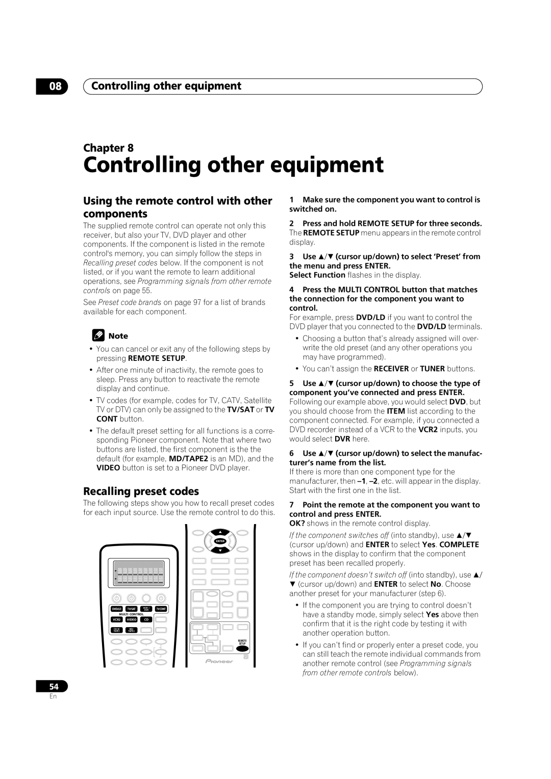 Pioneer VSX-9300TX manual 08Controlling other equipment Chapter, Using the remote control with other components 