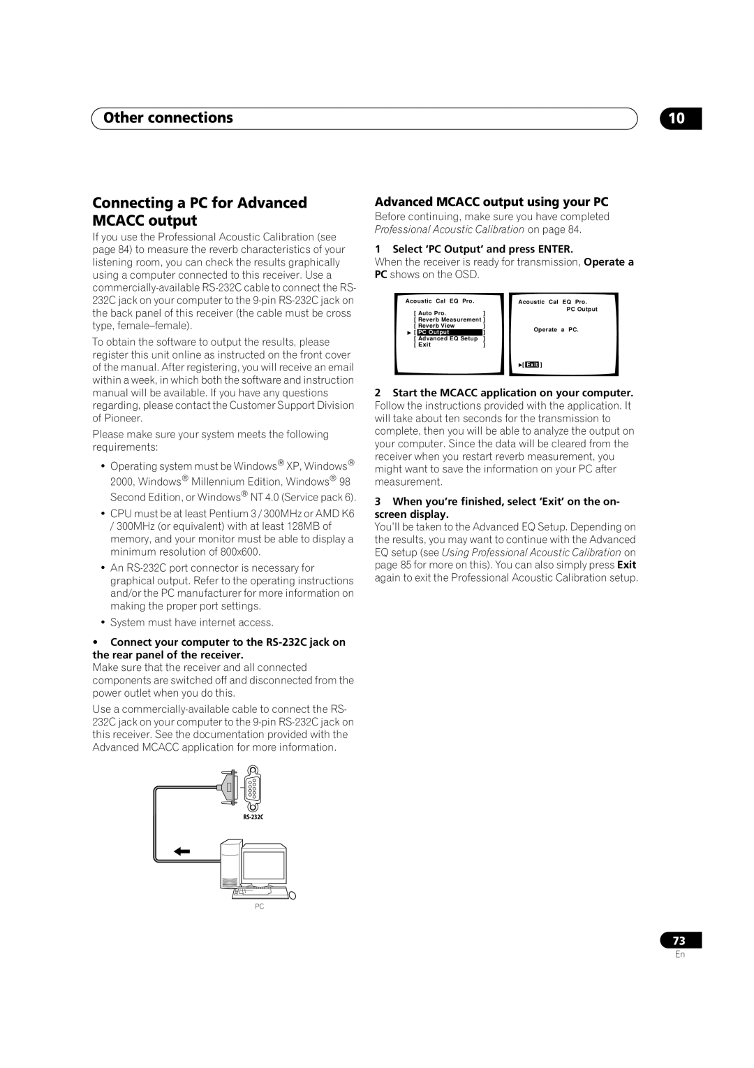 Pioneer VSX-9300TX manual Other connections, Connecting a PC for Advanced MCACC output, Advanced MCACC output using your PC 