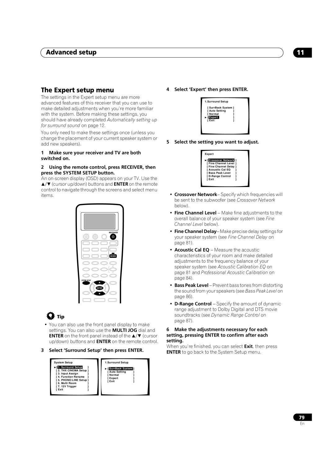 Pioneer VSX-9300TX manual Advanced setup The Expert setup menu, Select ‘Surround Setup’ then press ENTER 