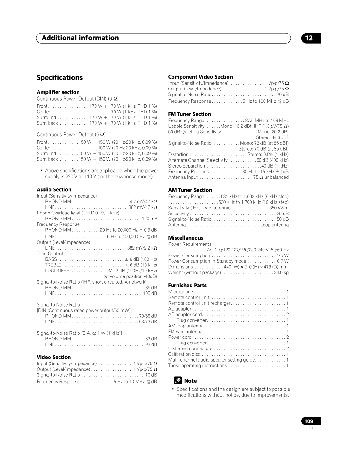 Pioneer VSX-AX10Ai-G manual Additional information Specifications 