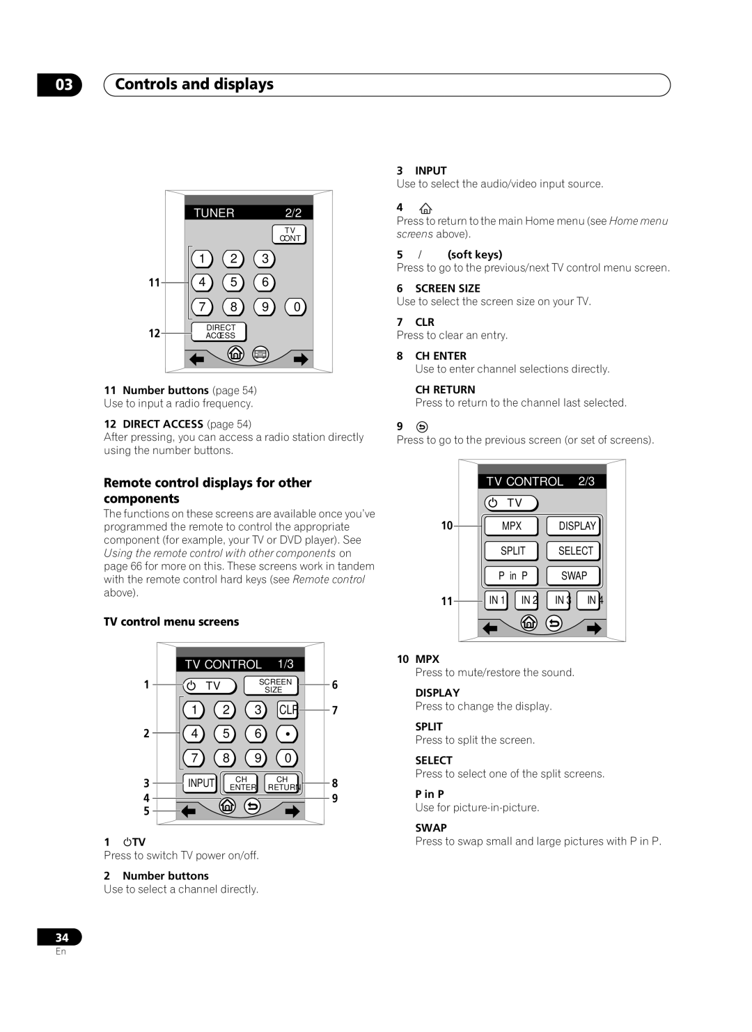 Pioneer VSX-AX10Ai-G manual Remote control displays for other components, TV control menu screens 