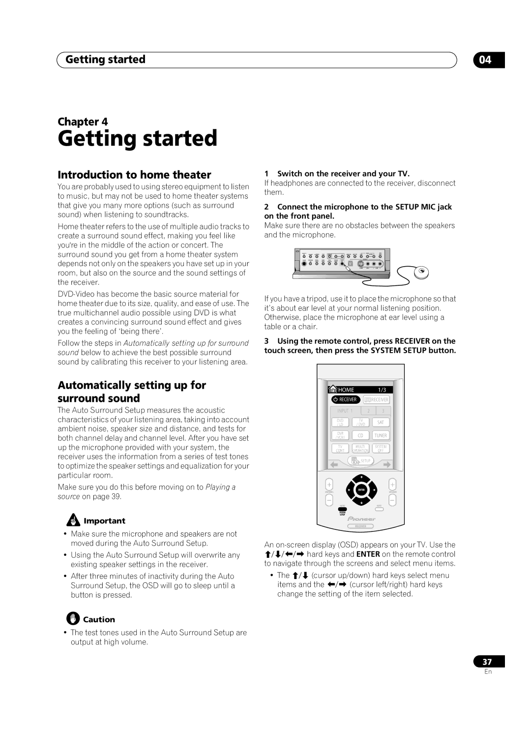 Pioneer VSX-AX10Ai-G manual Getting started Chapter, Introduction to home theater, Switch on the receiver and your TV 