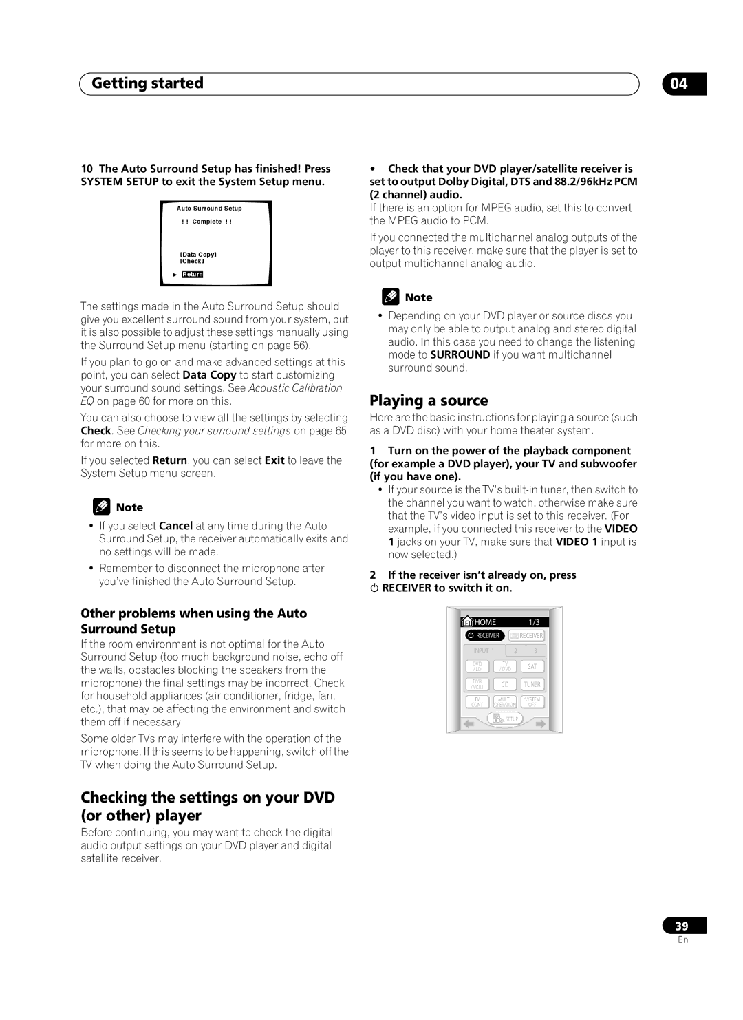 Pioneer VSX-AX10Ai-G manual Checking the settings on your DVD or other player, Playing a source 