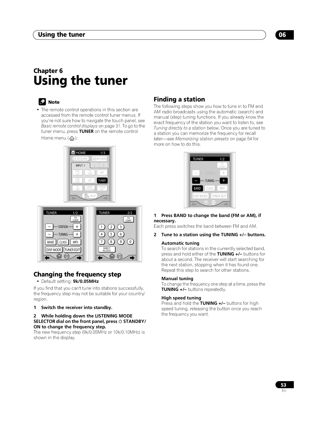 Pioneer VSX-AX10Ai-G manual Using the tuner Chapter, Finding a station, Changing the frequency step 