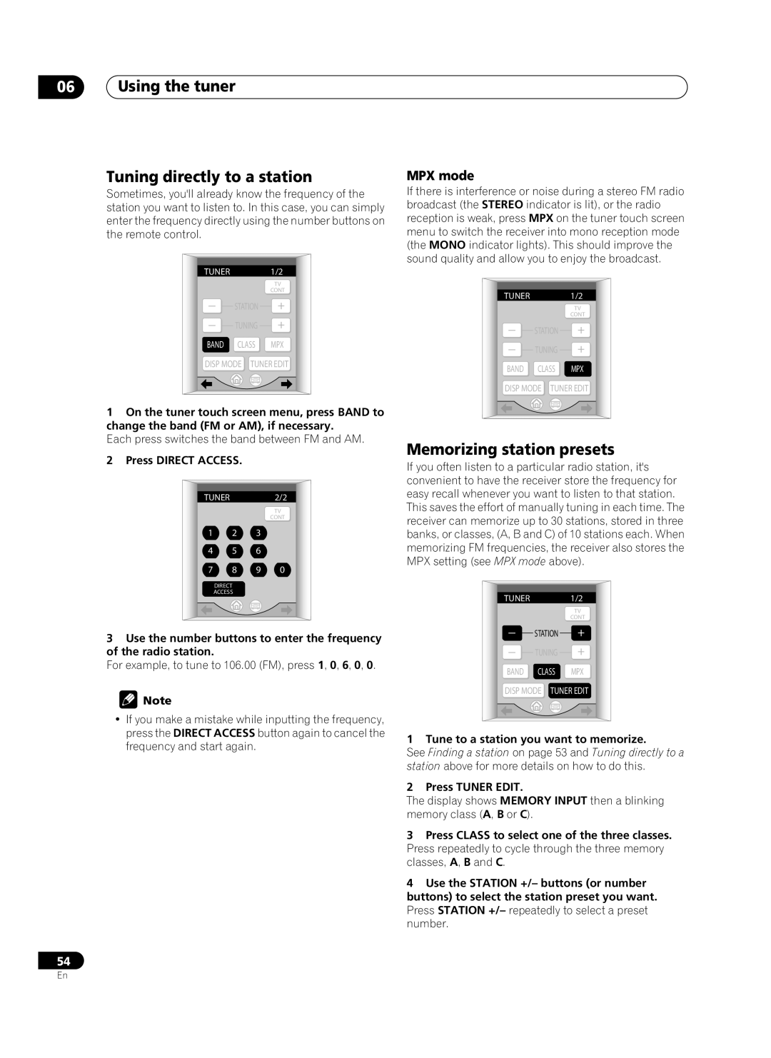 Pioneer VSX-AX10Ai-G manual Using the tuner Tuning directly to a station, Memorizing station presets, MPX mode 