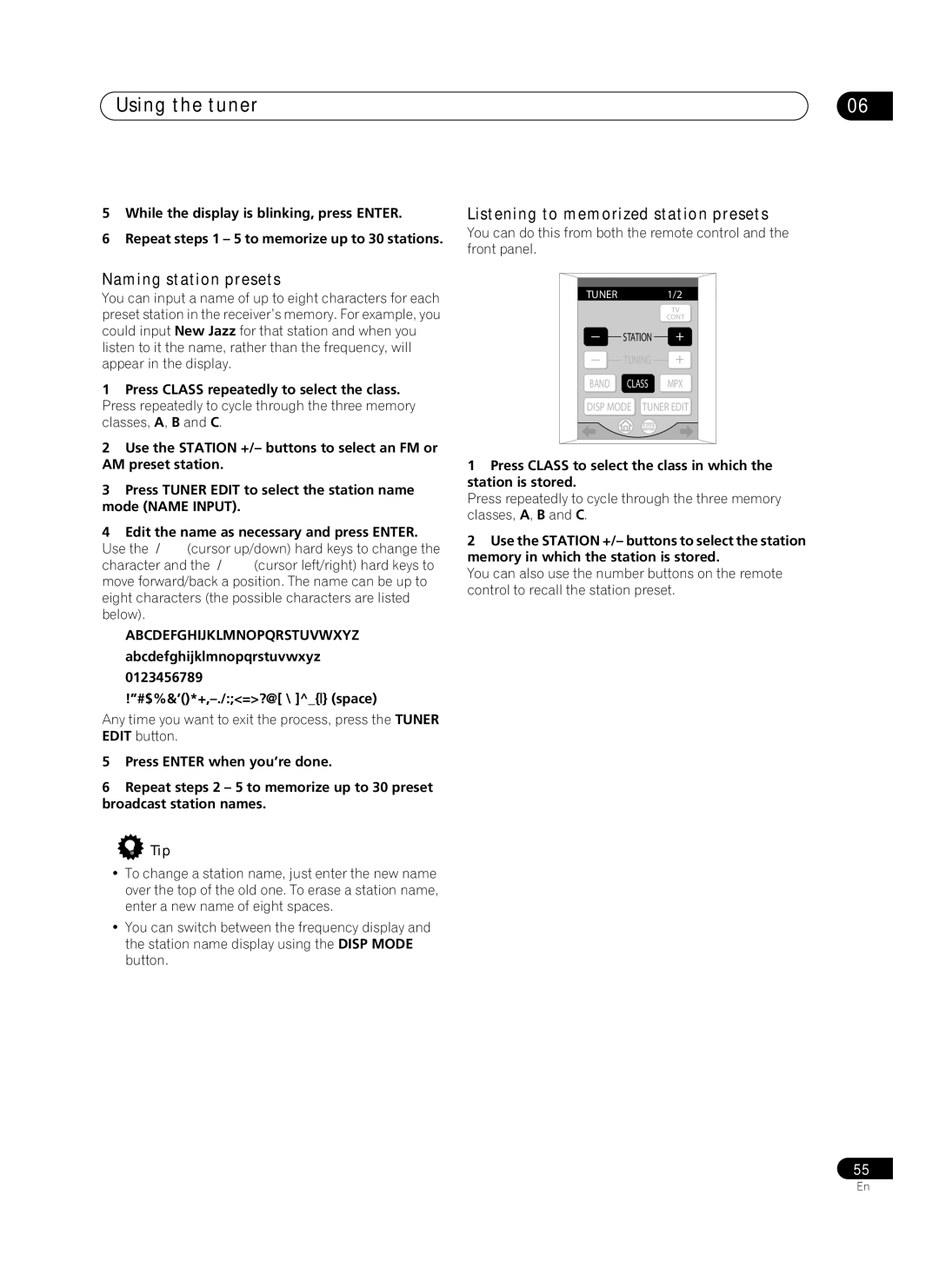 Pioneer VSX-AX10Ai-G manual Using the tuner, Listening to memorized station presets, Naming station presets 