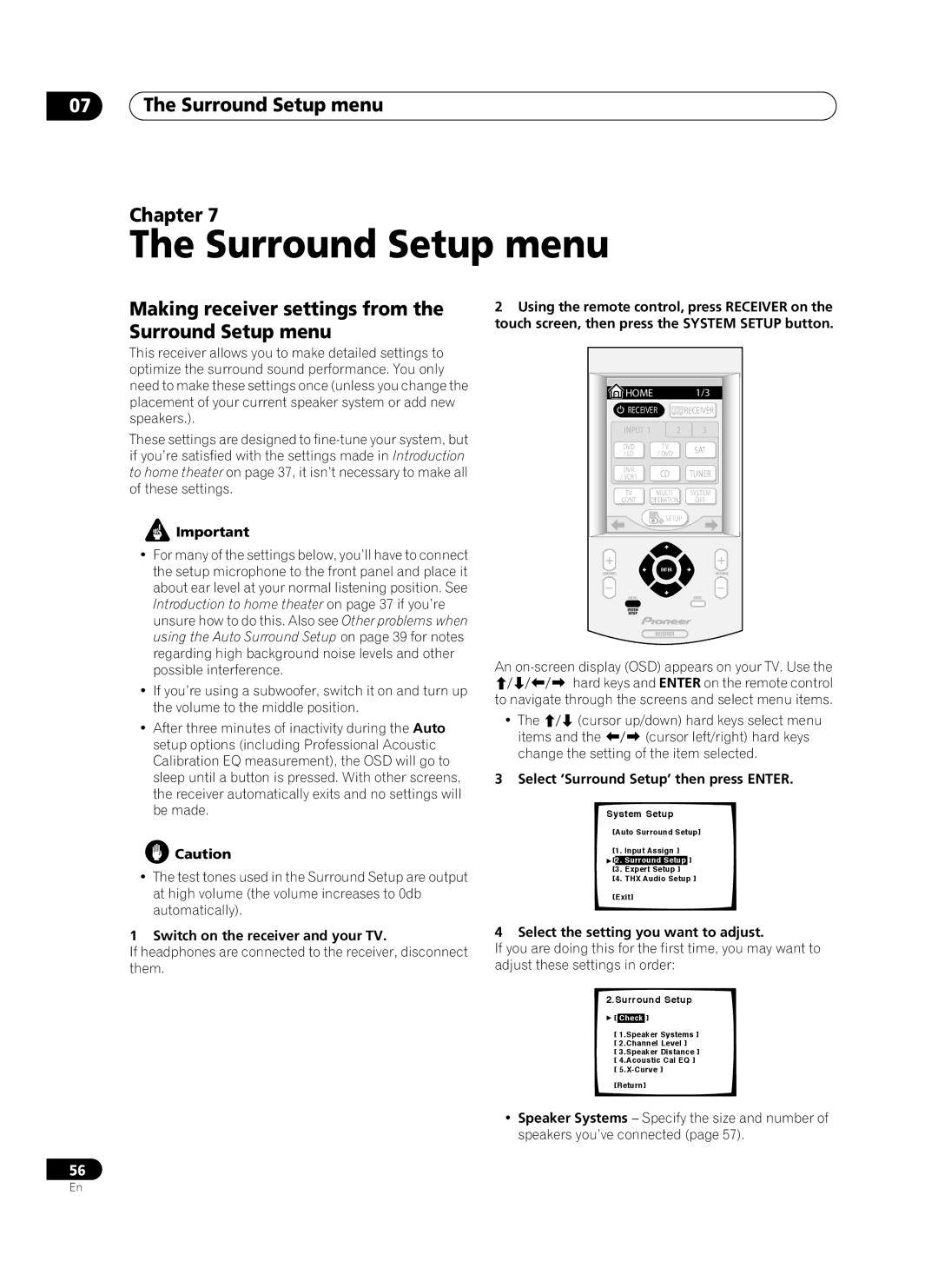 Pioneer VSX-AX10Ai-G manual Surround Setup menu Chapter, Making receiver settings from the Surround Setup menu 