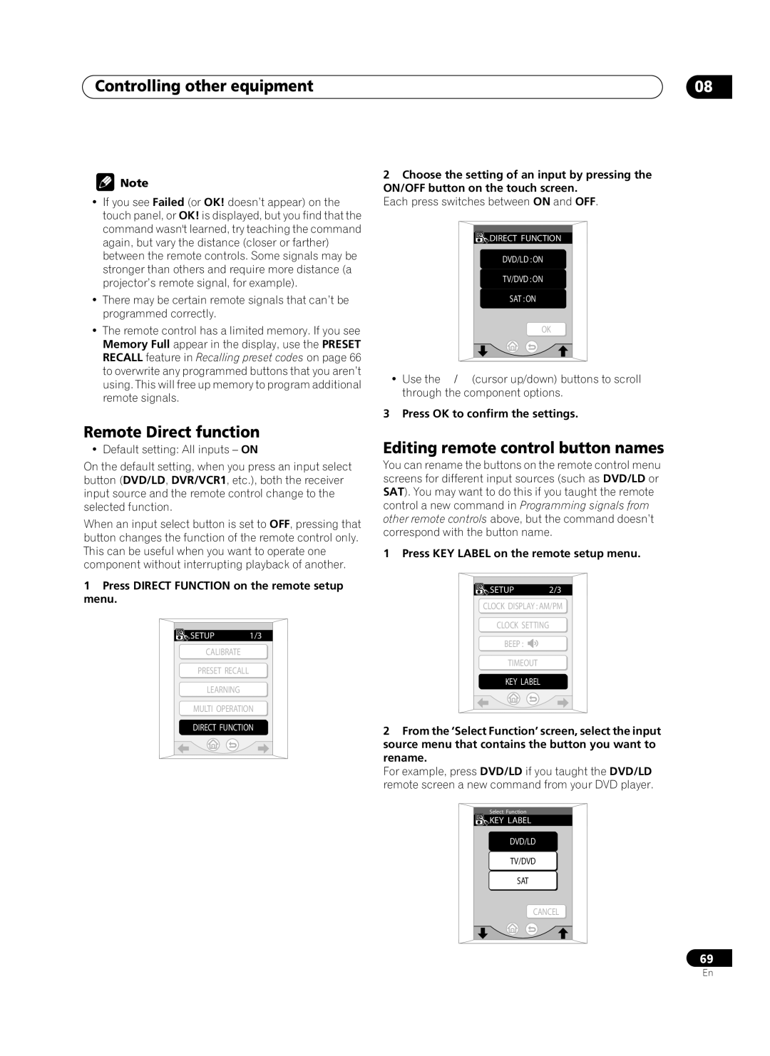 Pioneer VSX-AX10Ai-G manual Remote Direct function, Editing remote control button names, Press OK to confirm the settings 