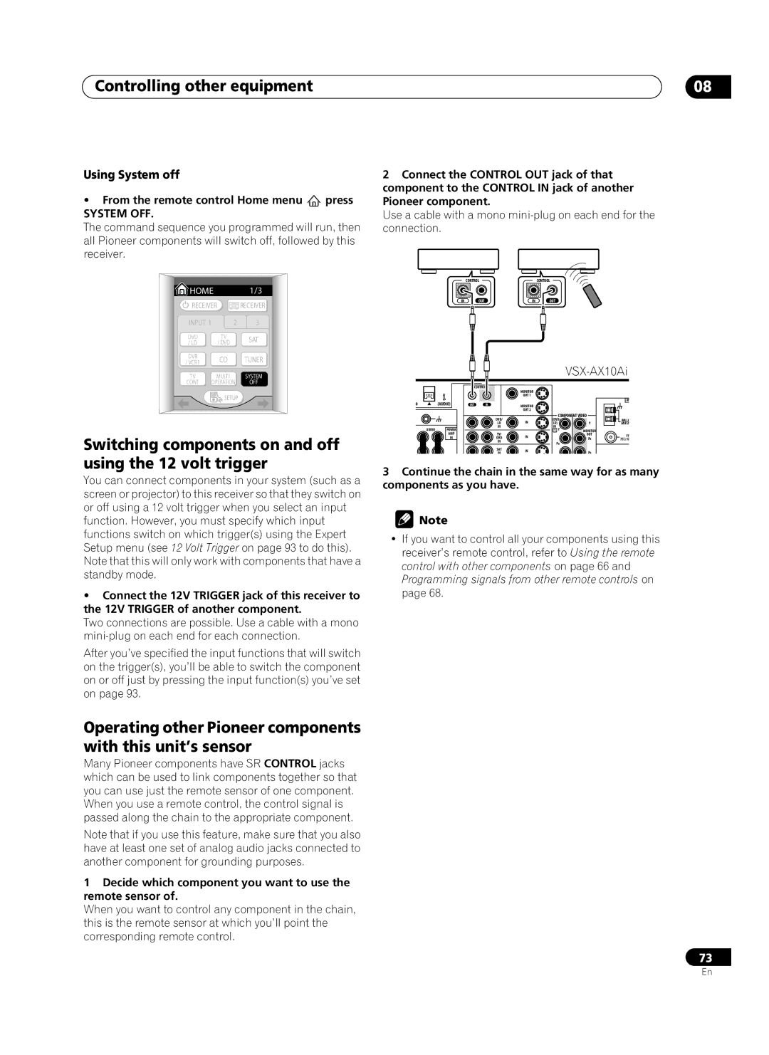 Pioneer VSX-AX10Ai-G manual Switching components on and off, Using the 12 volt trigger, Using System off, System OFF 