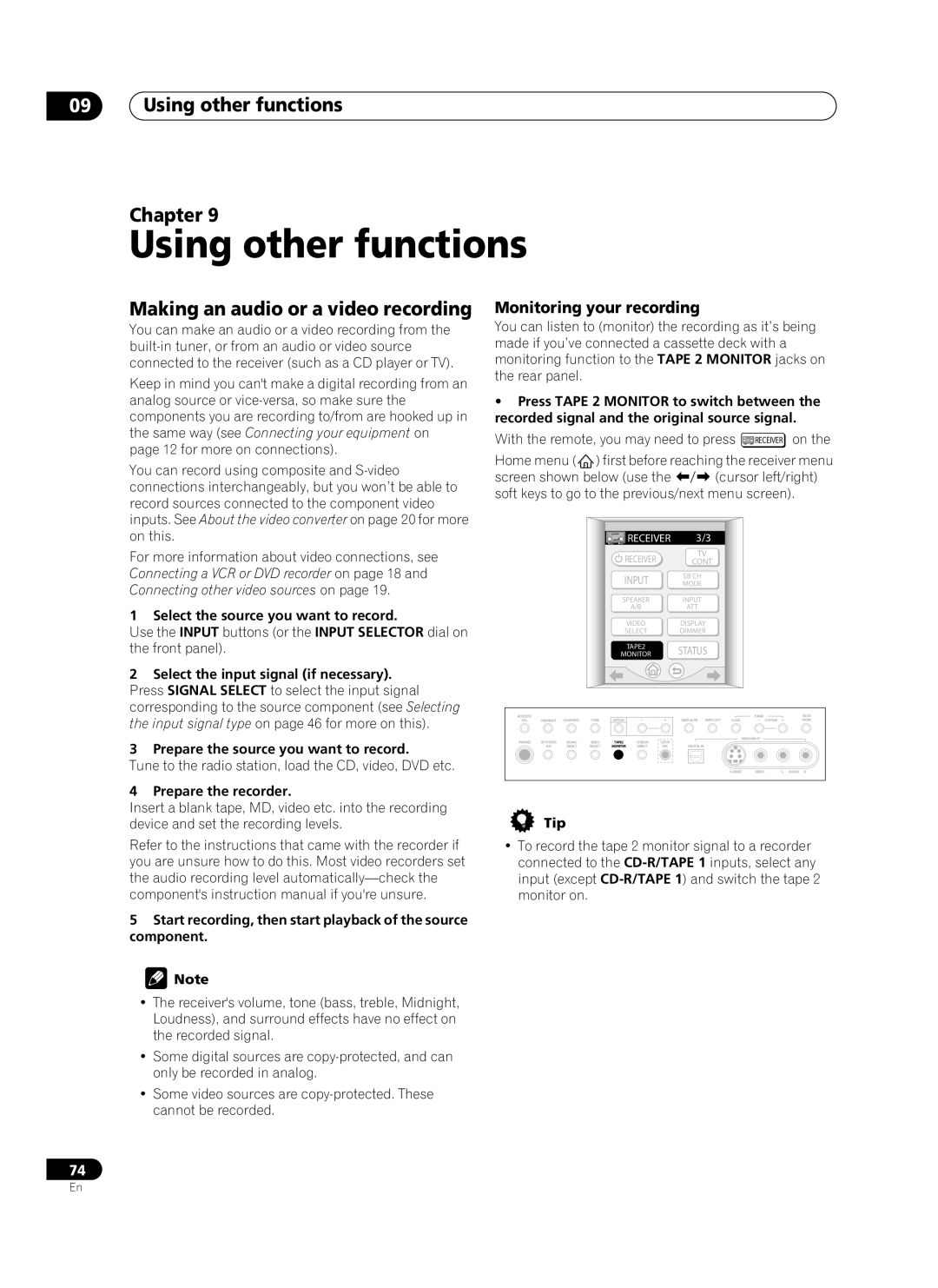 Pioneer VSX-AX10Ai-G Using other functions Chapter, Making an audio or a video recording, Monitoring your recording 