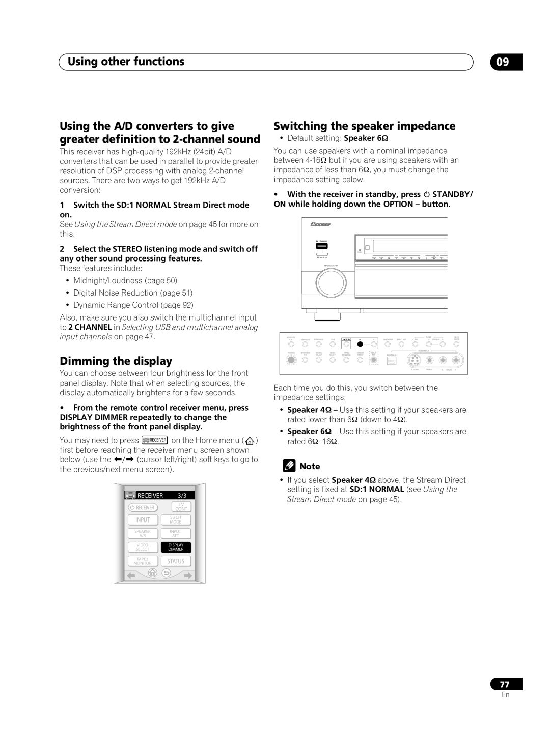 Pioneer VSX-AX10Ai-G manual Using other functions, Dimming the display, Switching the speaker impedance 