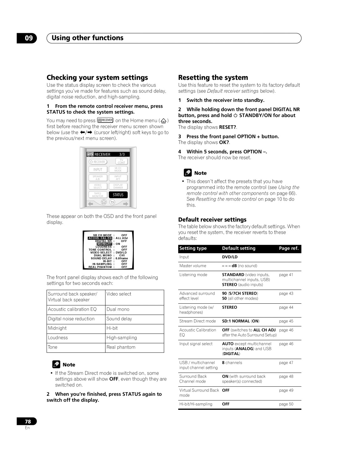 Pioneer VSX-AX10Ai-G Using other functions Checking your system settings, Resetting the system, Default receiver settings 