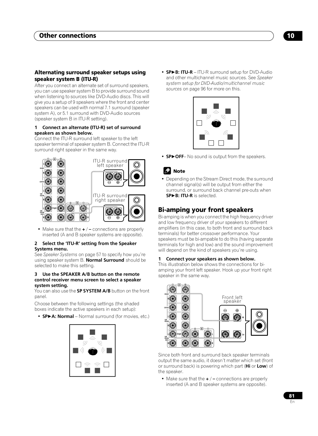 Pioneer VSX-AX10Ai-G manual Other connections, Bi-amping your front speakers, SP B ITU-R is selected 