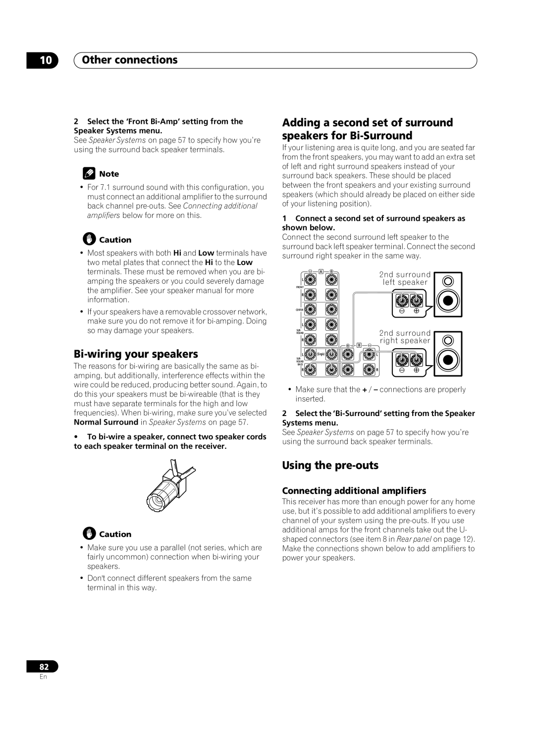 Pioneer VSX-AX10Ai-G manual Bi-wiring your speakers, Using the pre-outs, Connecting additional amplifiers 