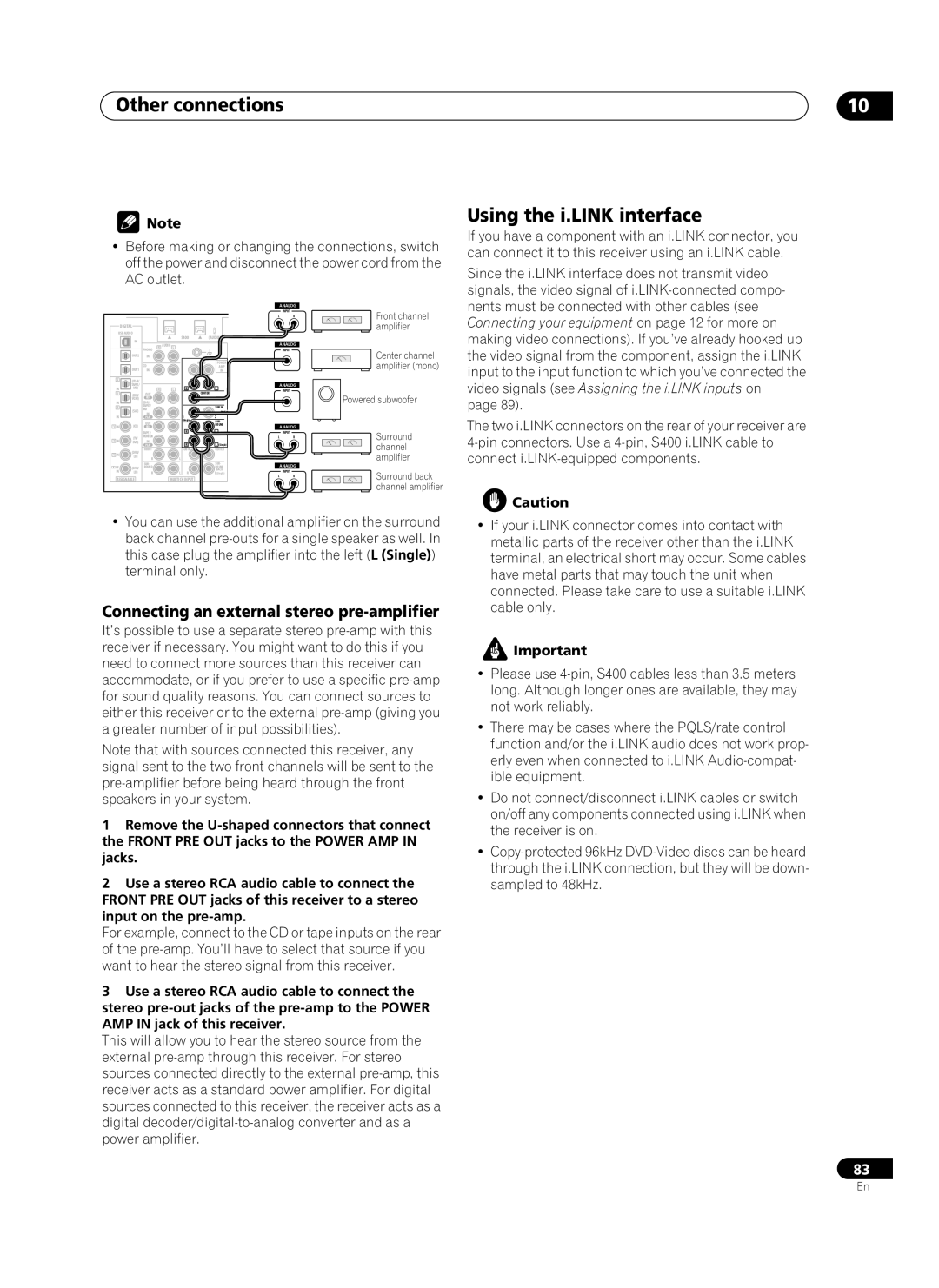 Pioneer VSX-AX10Ai-G manual Using the i.LINK interface, Connecting an external stereo pre-amplifier 