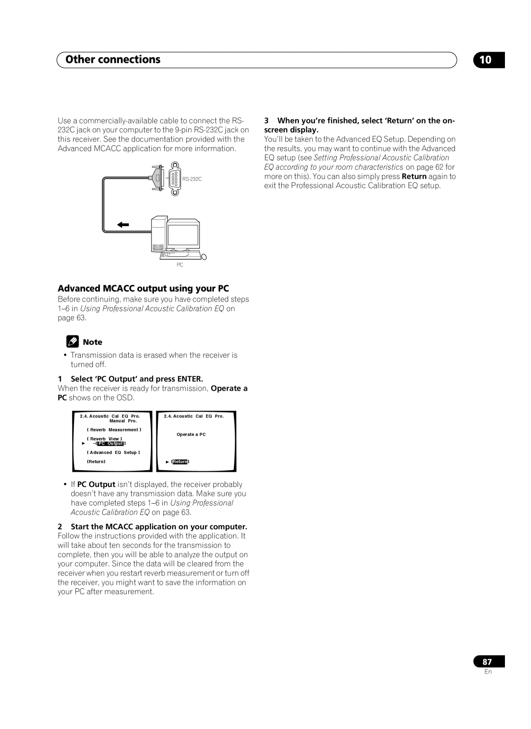 Pioneer VSX-AX10Ai-G manual Advanced Mcacc output using your PC, Select ‘PC Output’ and press Enter 