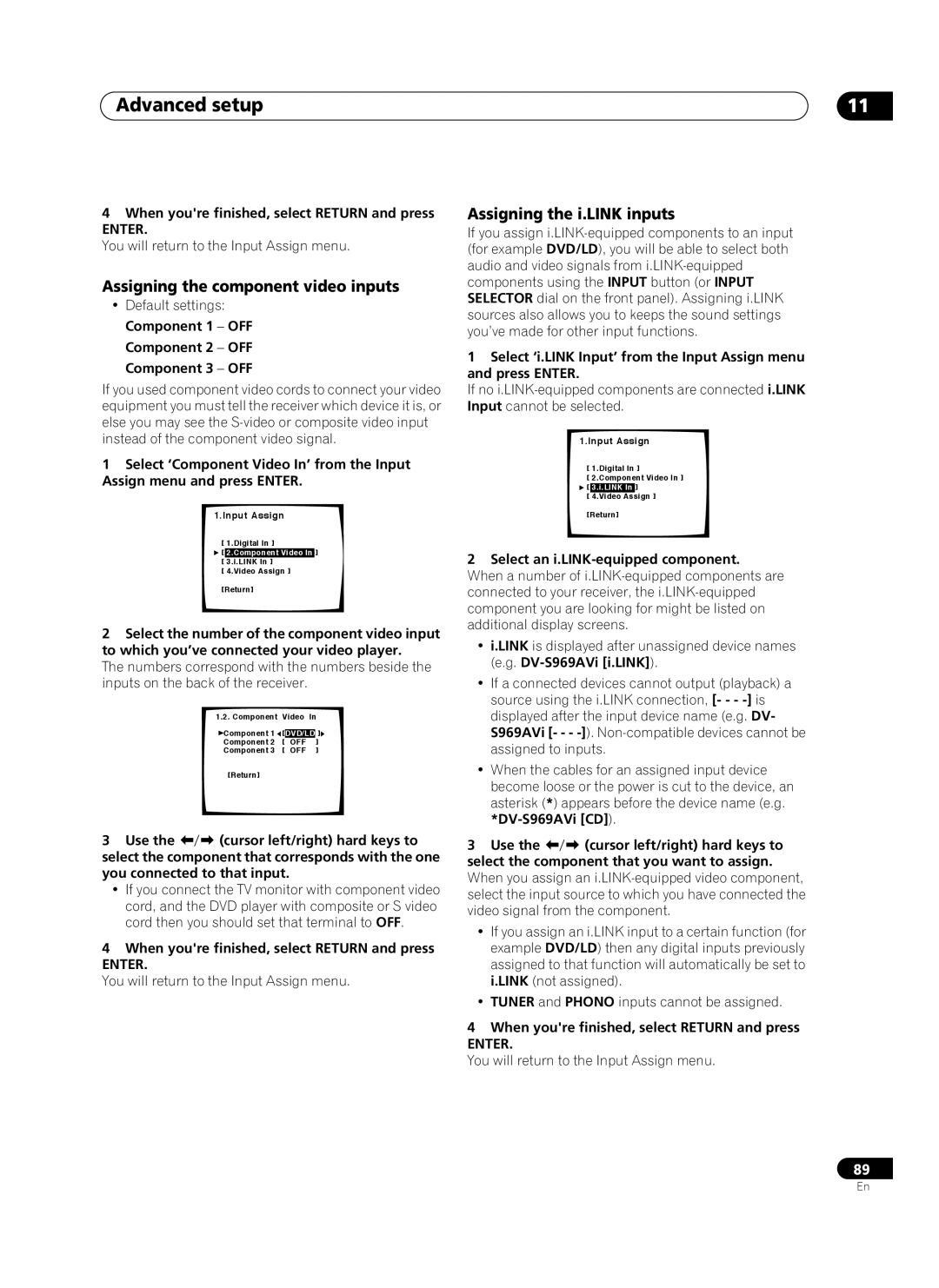 Pioneer VSX-AX10Ai-G manual Advanced setup, Assigning the component video inputs, Assigning the i.LINK inputs 