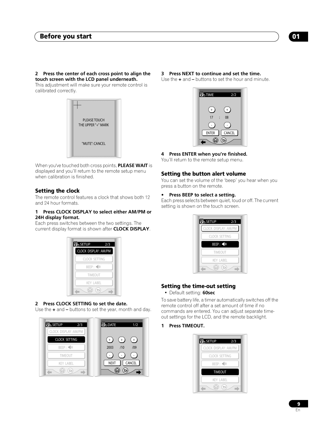 Pioneer VSX-AX10Ai-G manual Setting the clock, Setting the button alert volume, Setting the time-out setting 