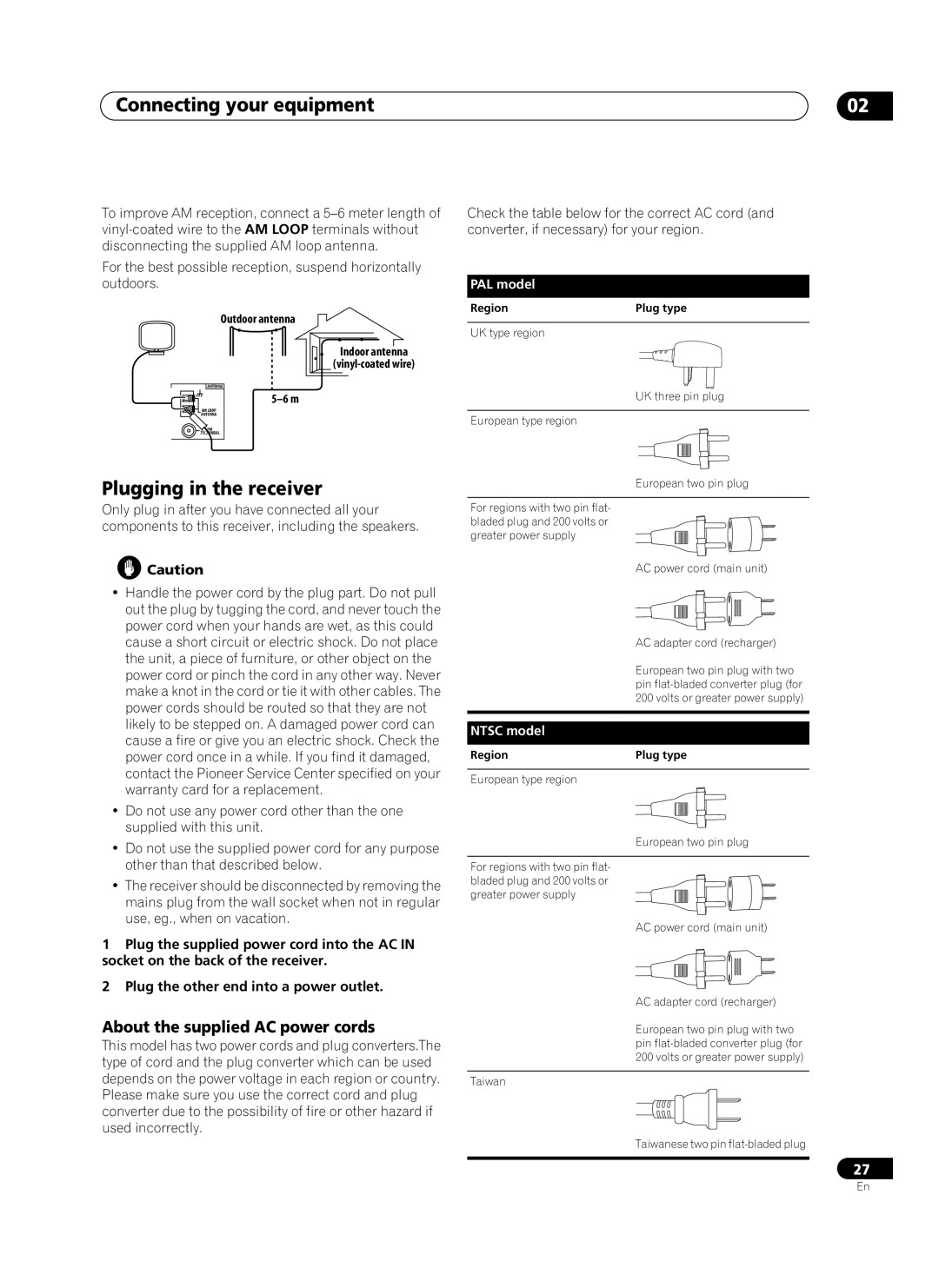 Pioneer VSX-AX10Ai-G manual Plugging in the receiver, About the supplied AC power cords, PAL model, NTSC model 