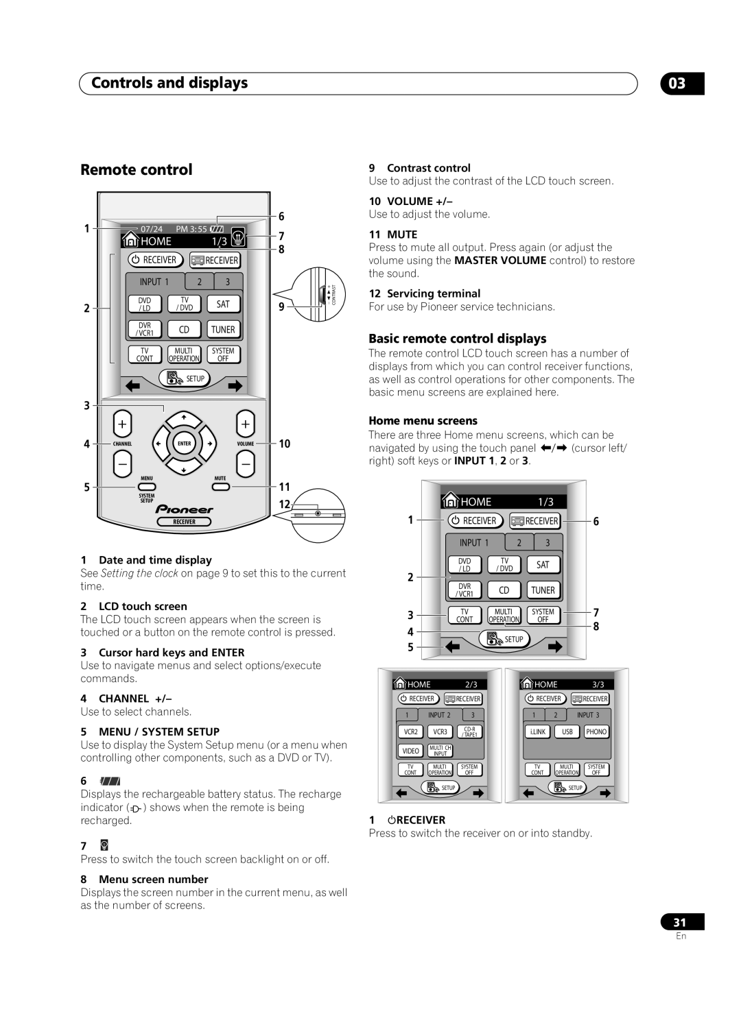 Pioneer VSX-AX10Ai-G Controls and displays Remote control, Basic remote control displays, 11 12, Home menu screens 