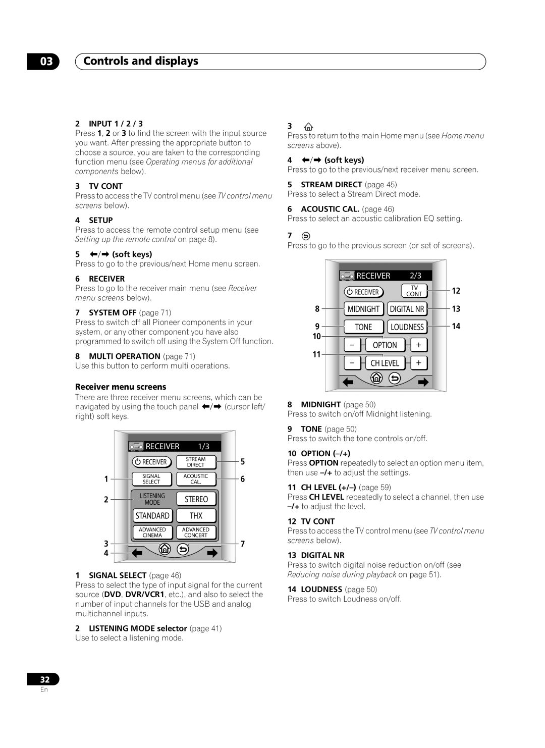 Pioneer VSX-AX10Ai-G manual 03Controls and displays, Tone, Receiver menu screens, Standard, Midnight 