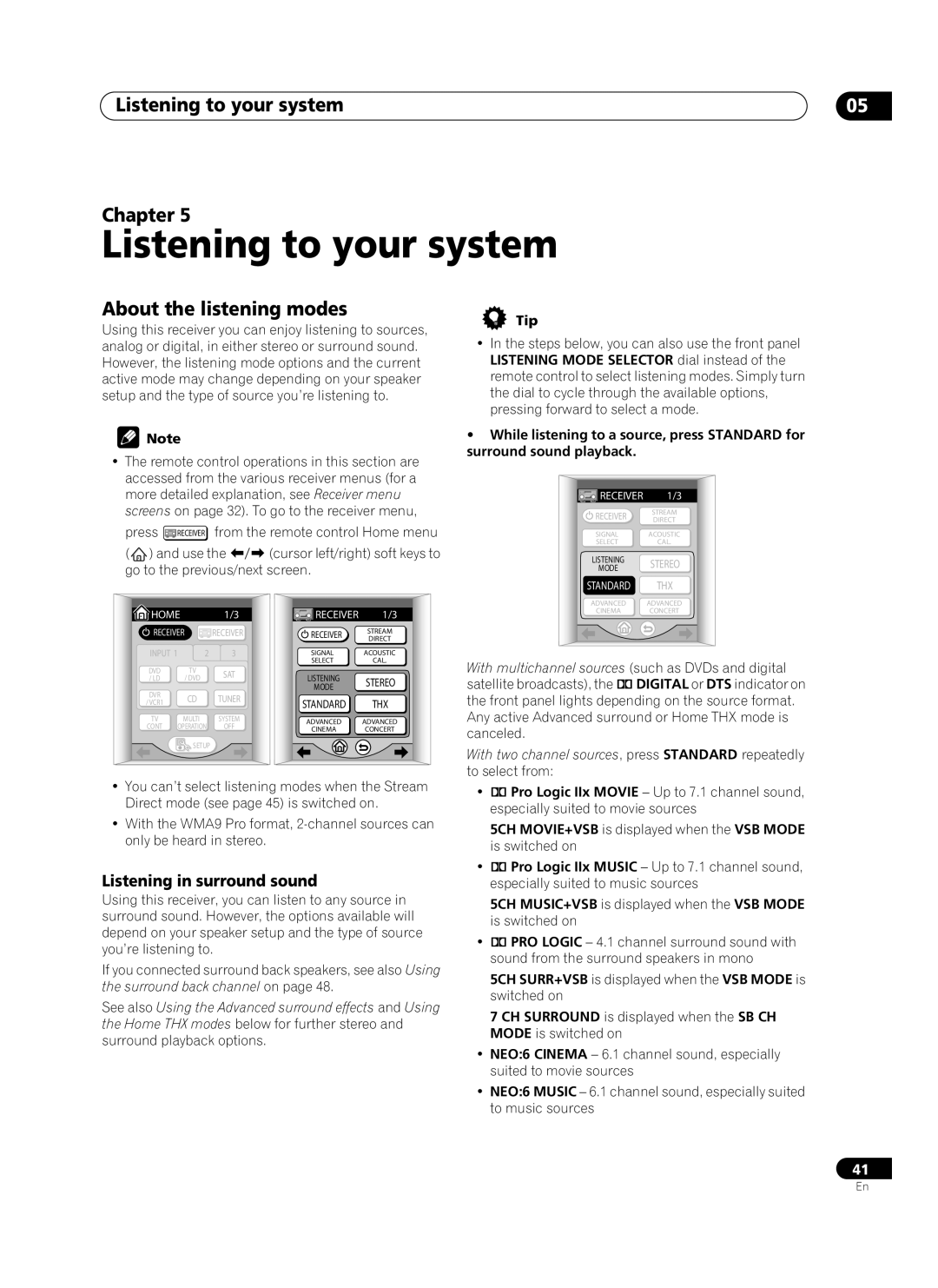 Pioneer VSX-AX10Ai-G manual Listening to your system, Chapter, About the listening modes, Listening in surround sound 
