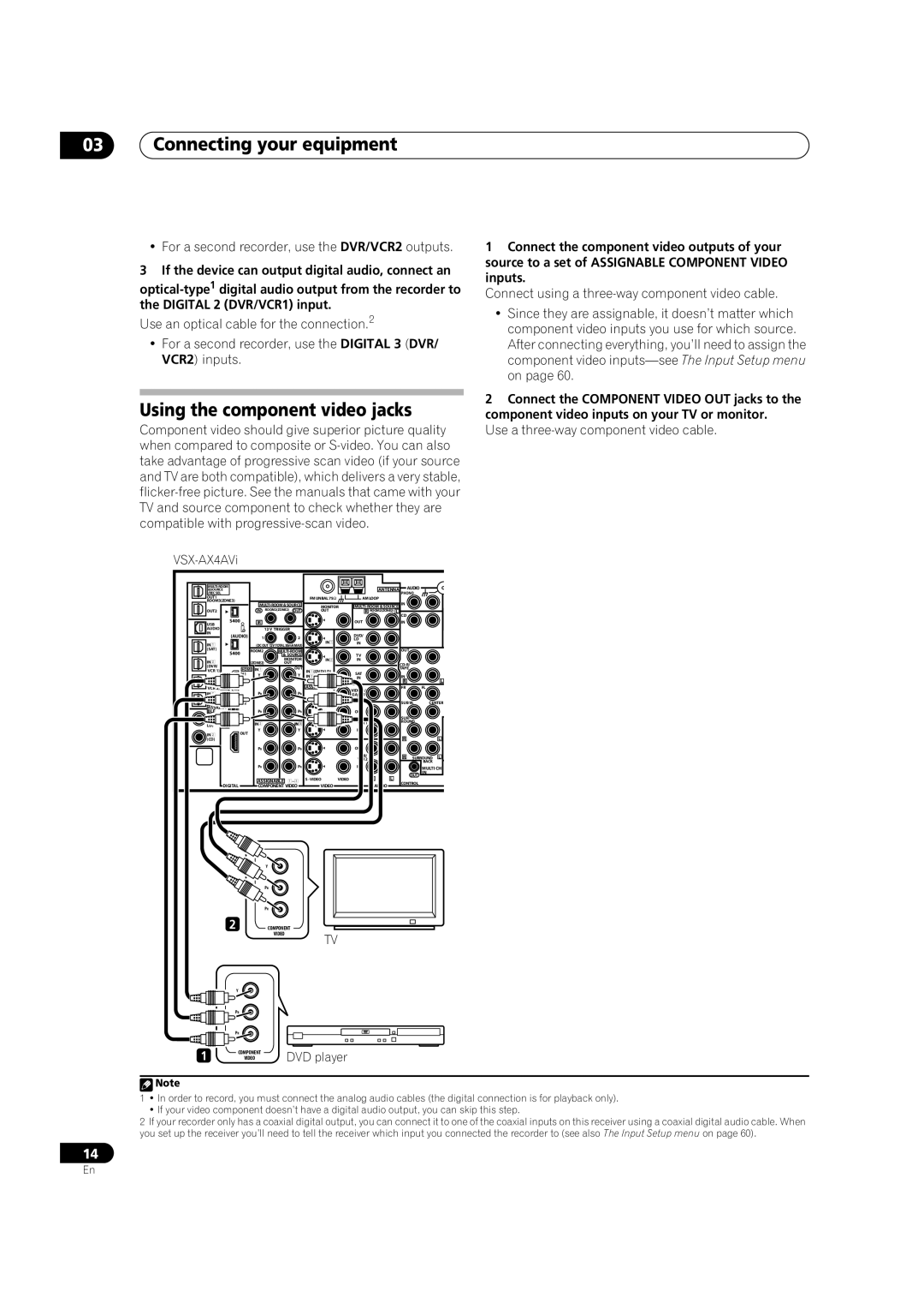 Pioneer VSX-AX2AV-G manual Using the component video jacks, For a second recorder, use the DVR/VCR2 outputs, DVD player 