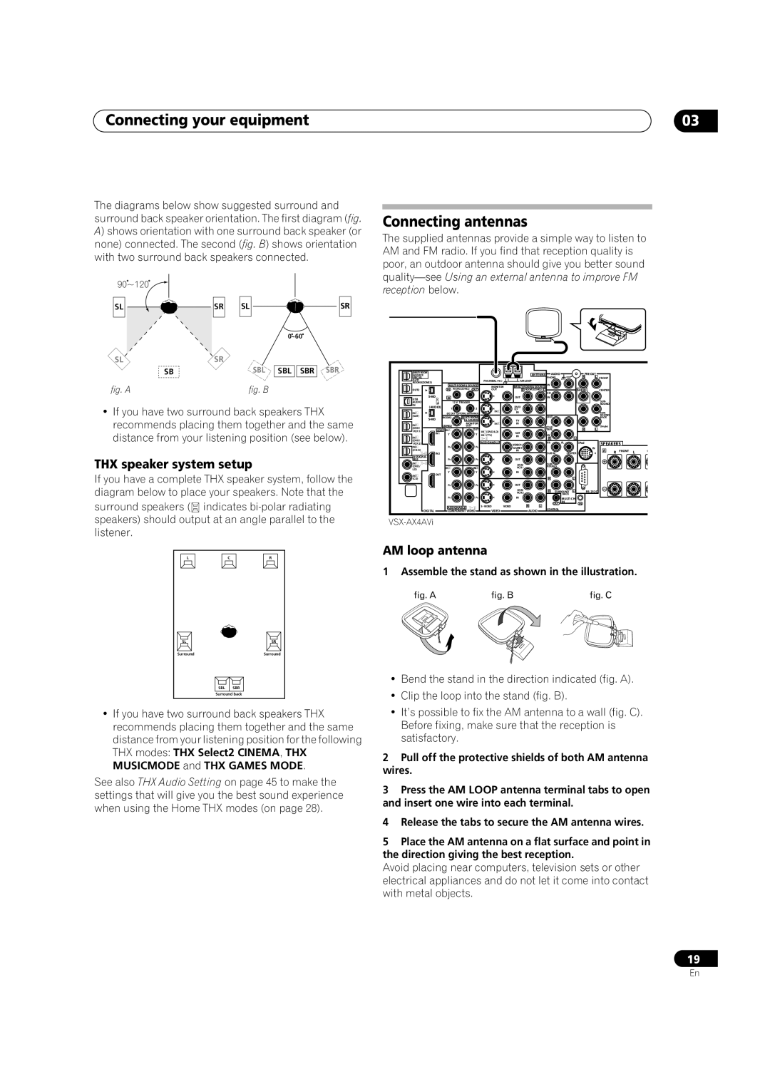 Pioneer VSX-AX4AVi-G, VSX-AX2AV-G manual Connecting antennas, THX speaker system setup, AM loop antenna 