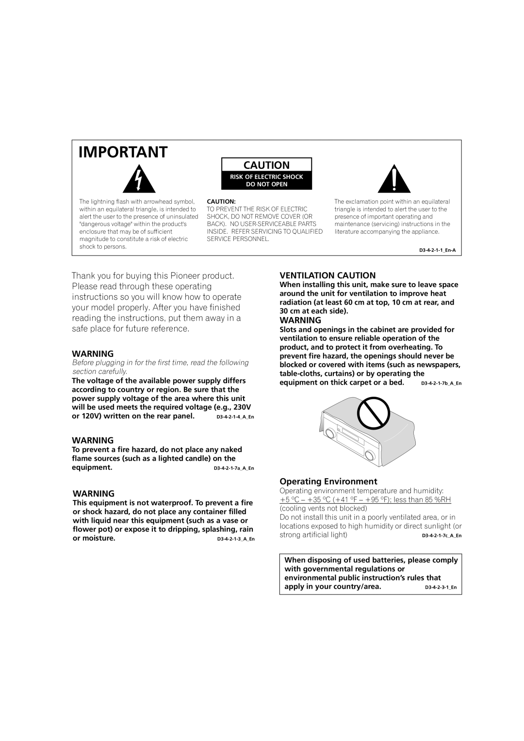 Pioneer VSX-AX2AV-G, VSX-AX4AVi-G manual Operating Environment, Risk of Electric Shock Do not Open 