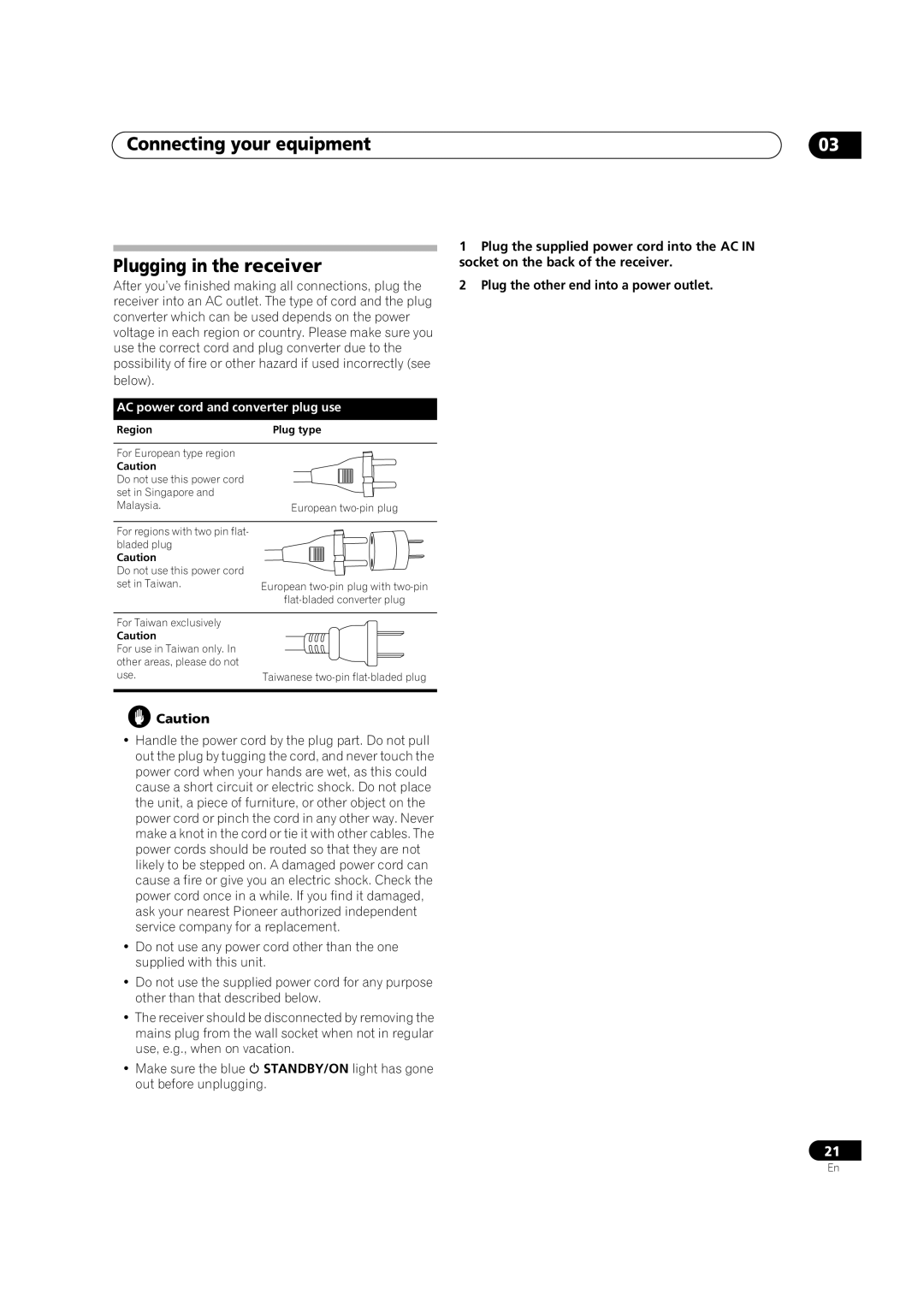 Pioneer VSX-AX4AVi-G, VSX-AX2AV-G Connecting your equipment Plugging in the receiver, AC power cord and converter plug use 