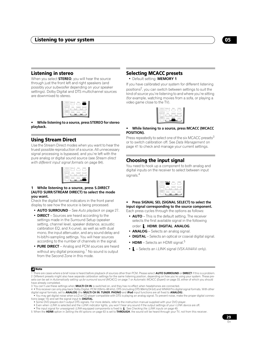 Pioneer VSX-AX4AVi-G manual Listening to your system Listening in stereo, Using Stream Direct, Selecting Mcacc presets 