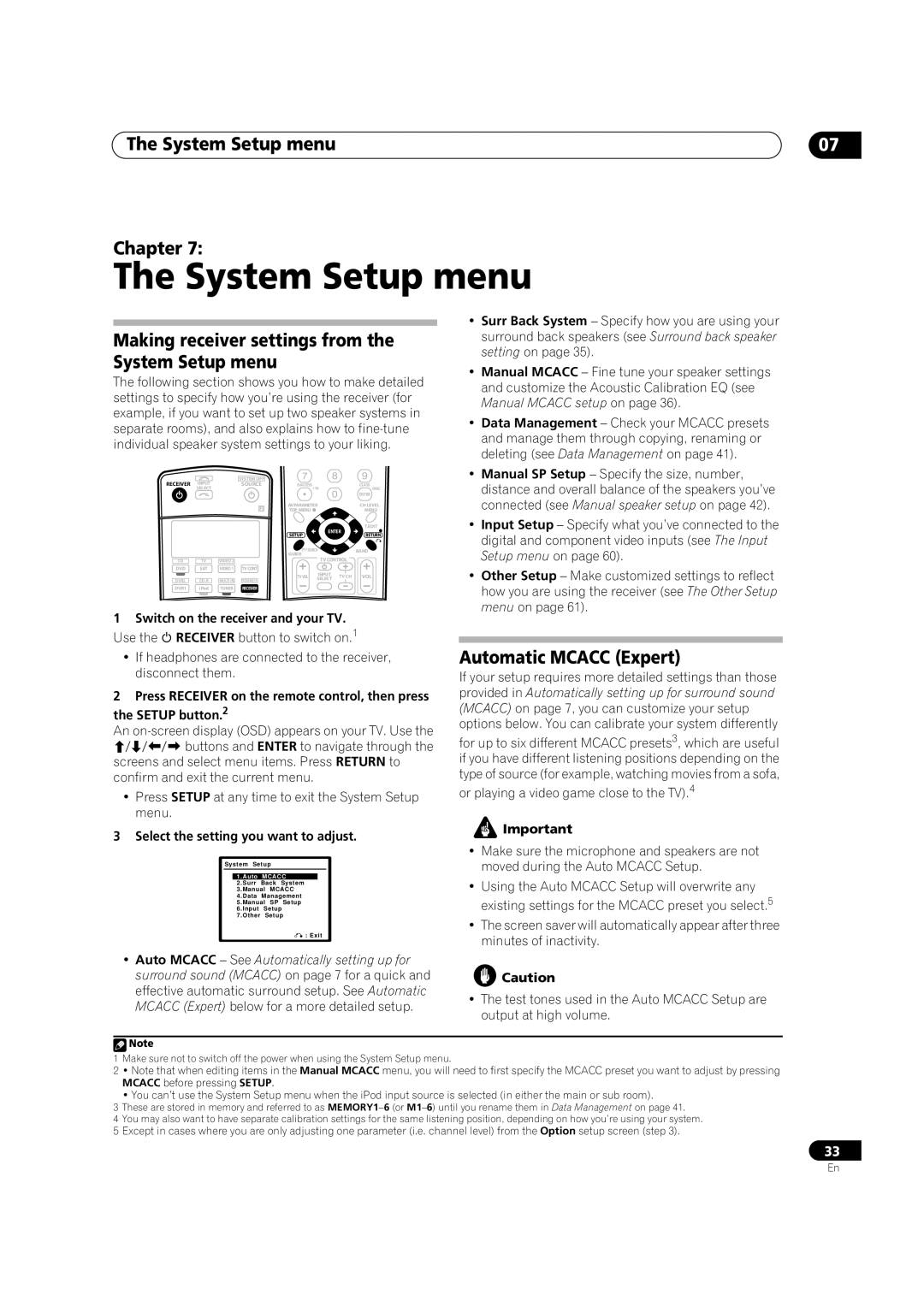 Pioneer VSX-AX4AVi-G, VSX-AX2AV-G manual System Setup menu Chapter, Making receiver settings from the System Setup menu 