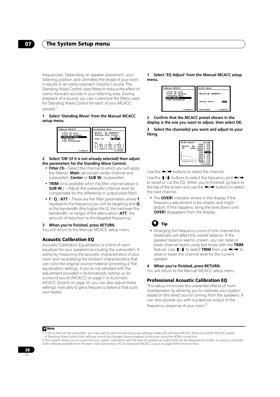 Pioneer VSX-AX2AV-G Professional Acoustic Calibration EQ, Select ‘Standing Wave’ from the Manual Mcacc setup menu 